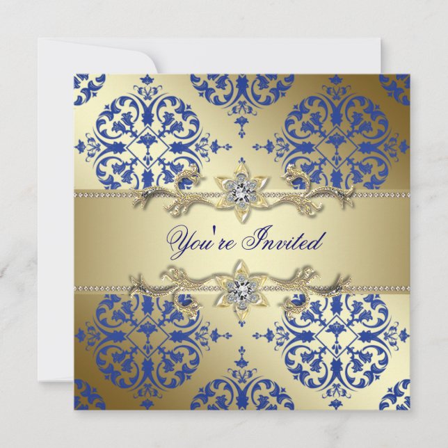 Invitaciones para la fiesta Royal Blue Gold Damask (Anverso)