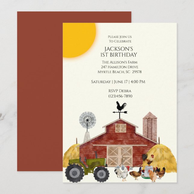 Invitaciones para los animales de granja de cumple (Anverso / Reverso)