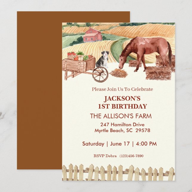 Invitaciones para los animales de granja de cumple (Anverso / Reverso)