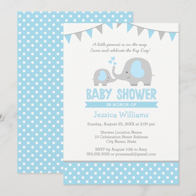 Invitaciones para niño a bañador de elefantes gris (Anverso / Reverso)