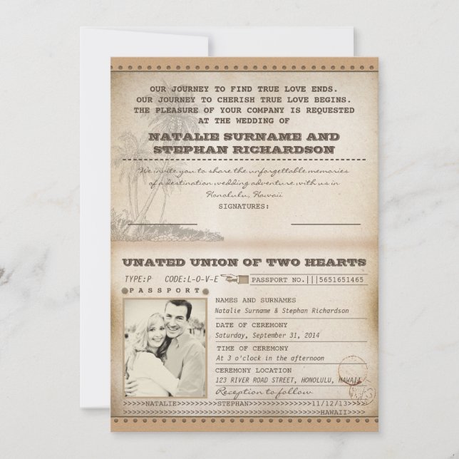 invitaciones para pasaportes de bodas de palmas de (Anverso)