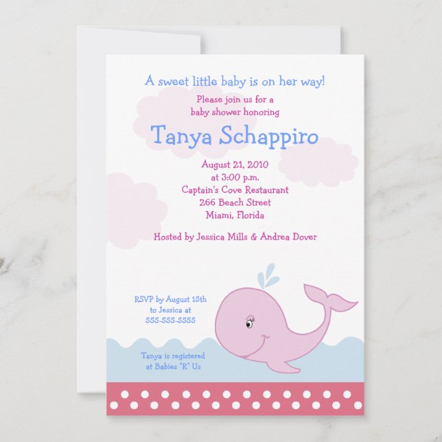 Invitaciones para Pink Happy Whale Baby Shower 5x7 (Anverso)