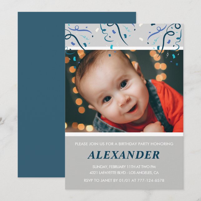 invitaciones para primer cumpleaños Niño Confeti F (Anverso / Reverso)
