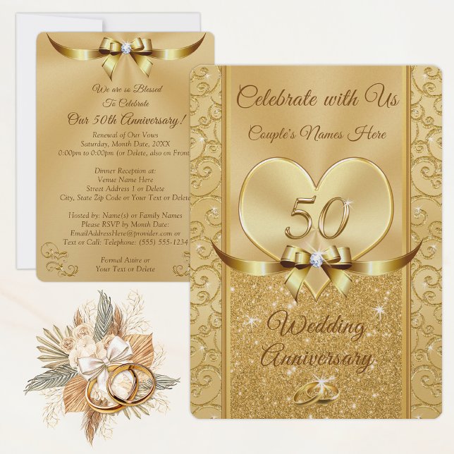 Invitaciones para renovar votos en el 50 aniversar (50th wedding anniversary invitations personalized. 50th anniversary renewal of vows invitatitations.)