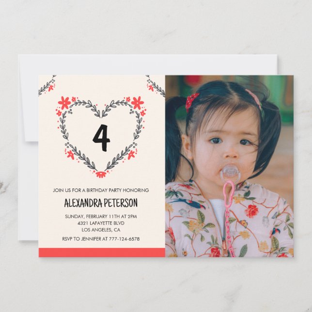 invitaciones para su 4º cumpleaños Floral Heart (Anverso)