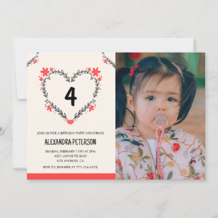 invitaciones para su 4º cumpleaños Floral Heart