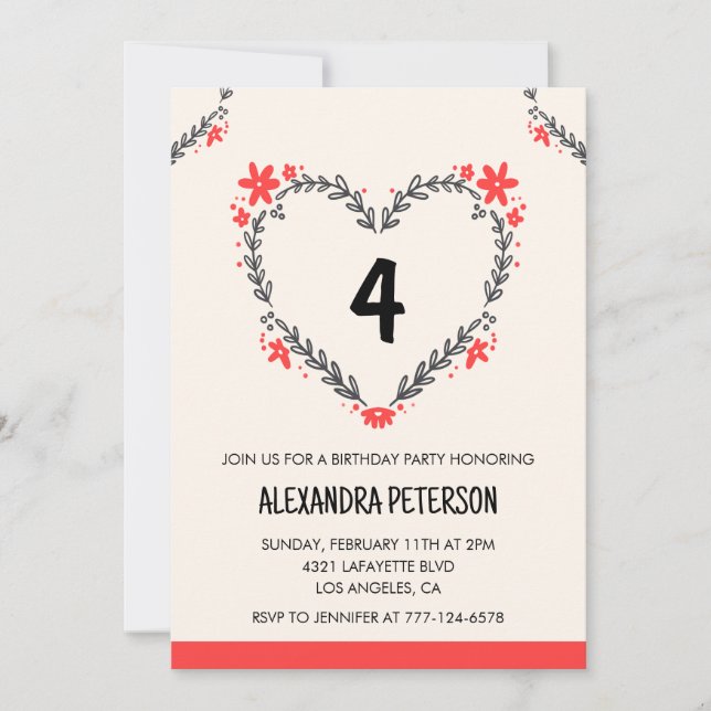 invitaciones para su 4º cumpleaños florales corazó (Anverso)