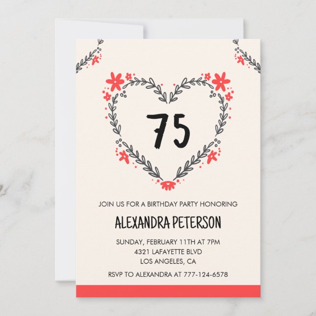 invitaciones para su 75 cumpleaños florales corazó (Anverso)