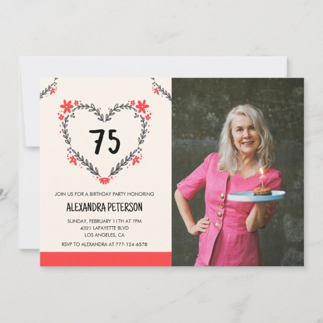 invitaciones para su 75 cumpleaños para ella Coraz (Anverso)