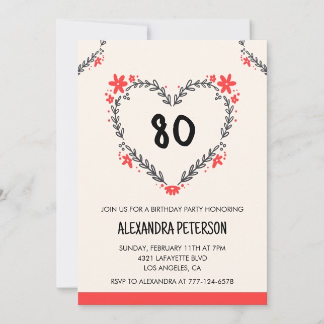 invitaciones para su 80 cumpleaños florales corazó (Anverso)