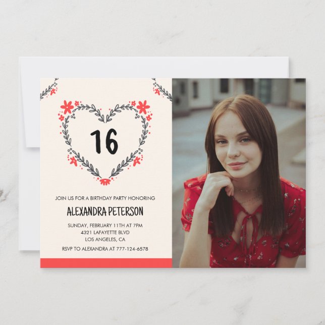 invitaciones para su cumpleaños 16 Floral Heart (Anverso)
