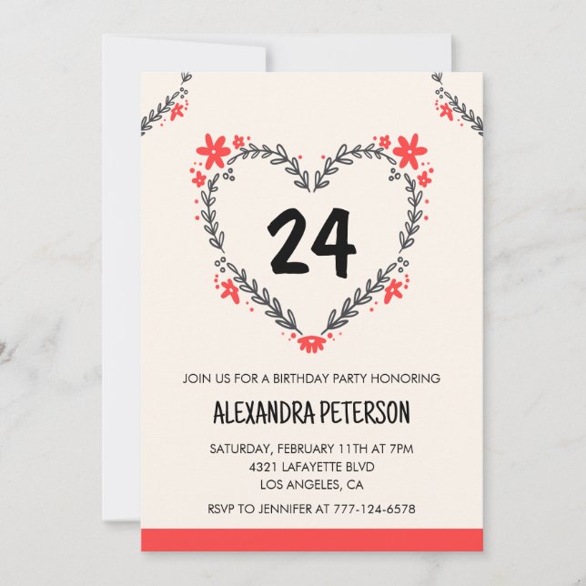 invitaciones para su cumpleaños 24 con corazón flo (Anverso)
