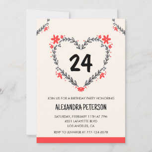 invitaciones para su cumpleaños 24 con corazón flo