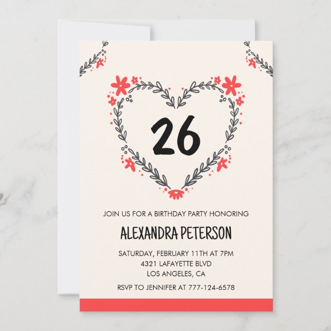 invitaciones para su cumpleaños 26 floral corazón (Anverso)