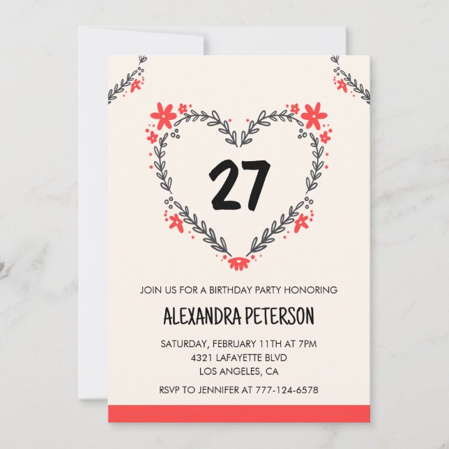 invitaciones para su cumpleaños 27 florales corazó (Anverso)