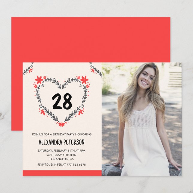 invitaciones para su cumpleaños 28 Floral Heart pa (Anverso / Reverso)