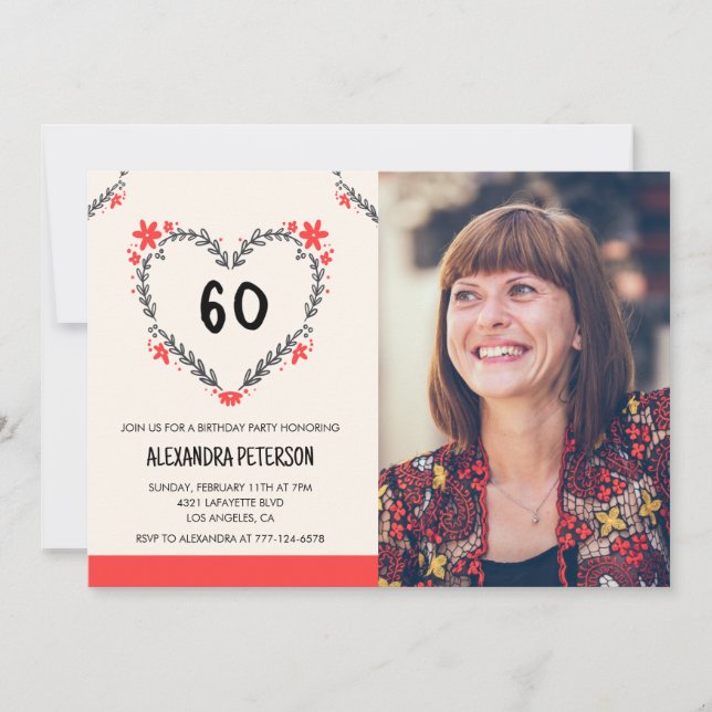 invitaciones para su cumpleaños 60 para ella Coraz (Anverso)