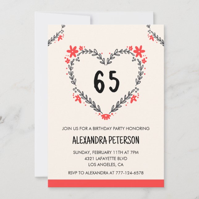 invitaciones para su cumpleaños 65 con corazón flo (Anverso)