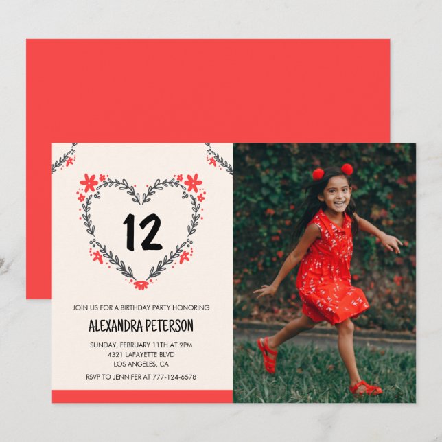 invitaciones para su cumpleaños número 12 Floral H (Anverso / Reverso)
