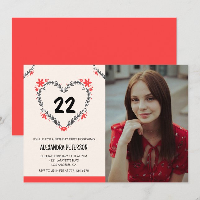 invitaciones para su cumpleaños número 22 Floral H (Anverso / Reverso)
