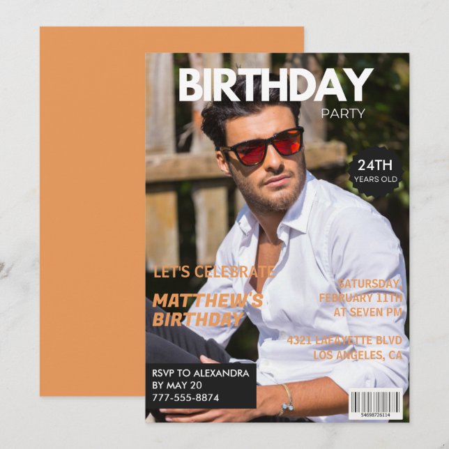 invitaciones para su cumpleaños número 24 para él  (Anverso / Reverso)