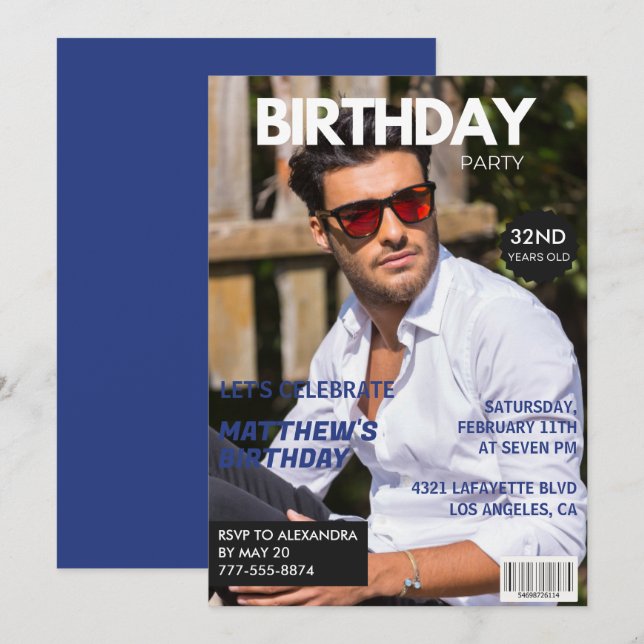 invitaciones para su cumpleaños número 32 para él  (Anverso / Reverso)