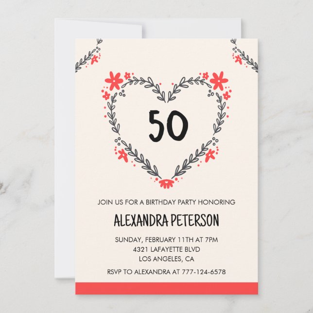 invitaciones para su cumpleaños número 50 florales (Anverso)