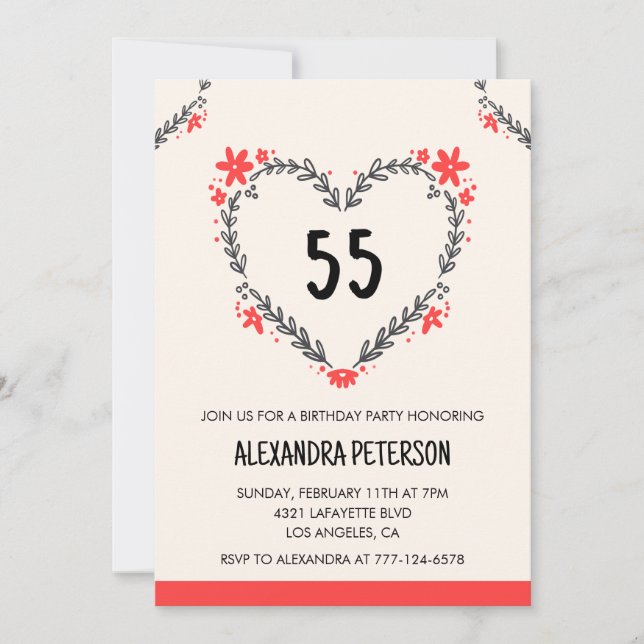 invitaciones para su cumpleaños número 55 florales (Anverso)