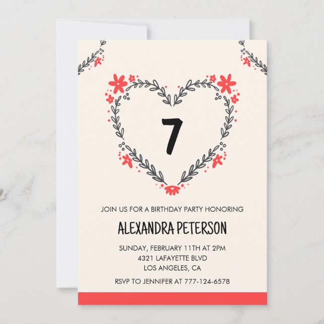 invitaciones para su cumpleaños número 7 florales  (Anverso)