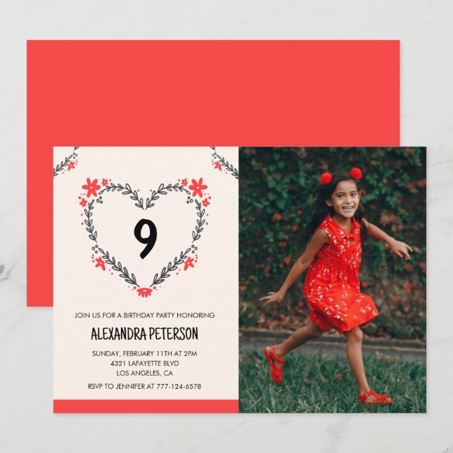 invitaciones para su cumpleaños número 9 Floral He (Anverso / Reverso)