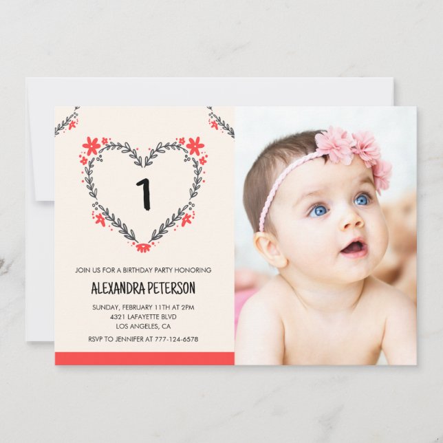 invitaciones para su primer cumpleaños Floral Hear (Anverso)