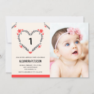 invitaciones para su primer cumpleaños Floral Hear