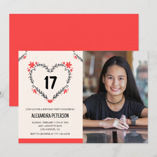 invitaciones para sus 17 cumpleaños Floral Corazón (Anverso / Reverso)