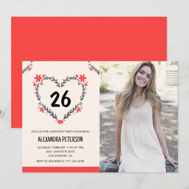 invitaciones para sus 26 cumpleaños Floral Heart (Anverso / Reverso)