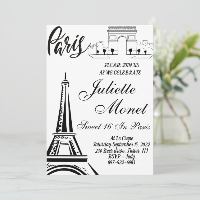 invitaciones para Sweet 16 de la Torre Eiffel de P (Anverso de pie)