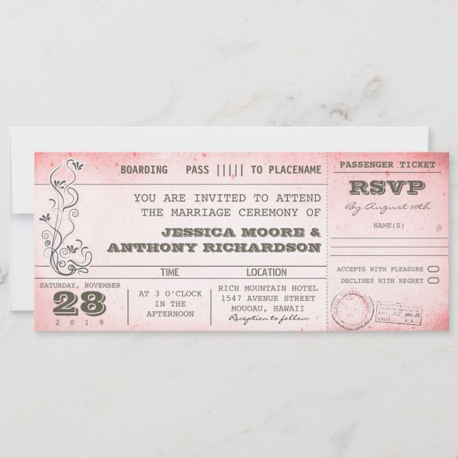 invitaciones para tarjetas de embarque de boda ros (Anverso)