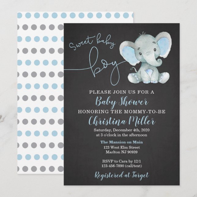 Invitaciones para un niño a la ducha de elefante (Anverso / Reverso)