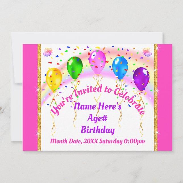 Invitaciones personalizadas a globos, arcoiris (Anverso)