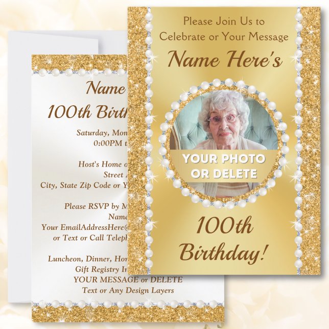 Invitaciones personalizadas a la Fiesta de Cumplea (Personalized and Photo, 100th birthday party invitations. 100th birthday ideas for female. Woman.)