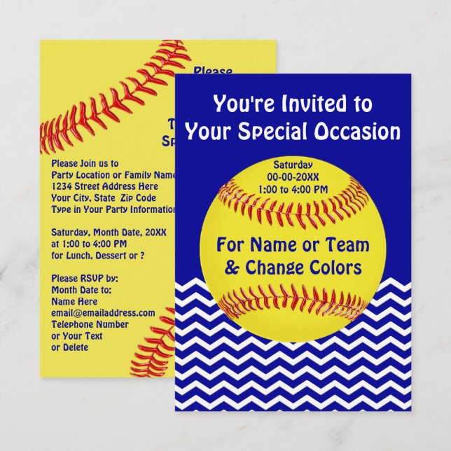 Invitaciones personalizadas a la fiesta de Softbal (Anverso / Reverso)