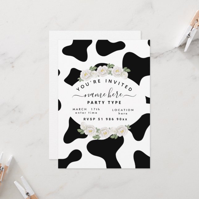 Invitaciones personalizadas con estampado de vaca  (Anverso/Reverso In Situ)