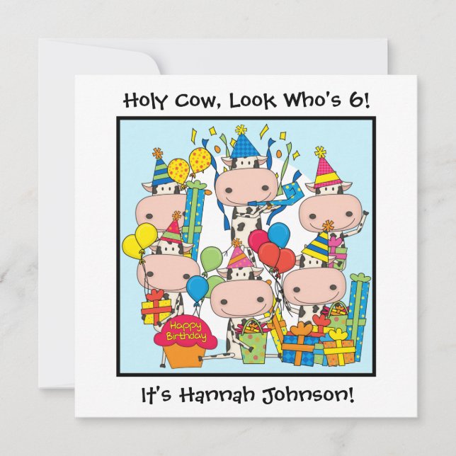 Invitaciones personalizadas de cumpleaños de vaca  (Anverso)