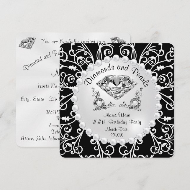 Invitaciones personalizadas de diamantes y perlas (Anverso / Reverso)