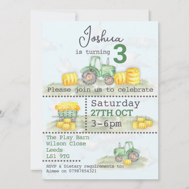 Invitaciones personalizadas para el Tractor Verde (Anverso)