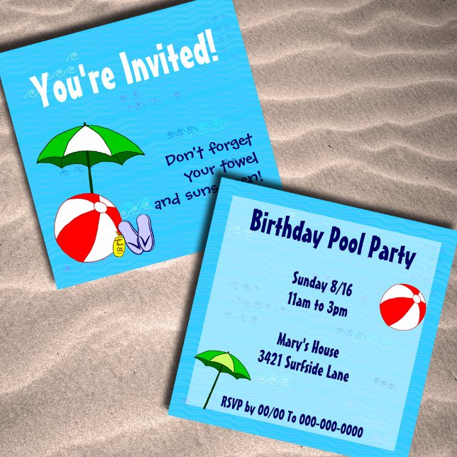 Invitaciones personalizadas para fiesta con tema d (Beach or Pool Party Custom Invitations)