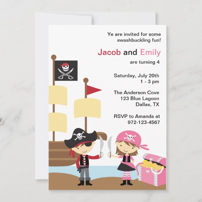 Invitaciones piratas a niños y Chicas (Anverso)