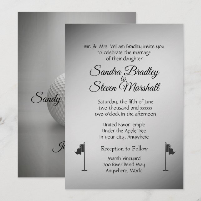 Invitaciones plateadas de Boda de golf (Anverso / Reverso)