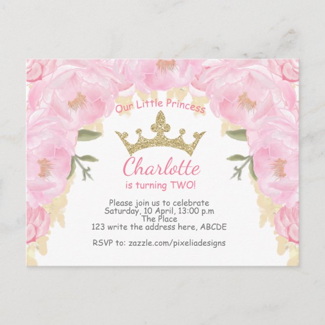 Invitaciones postales de Purpurina floral Princesa (Anverso)