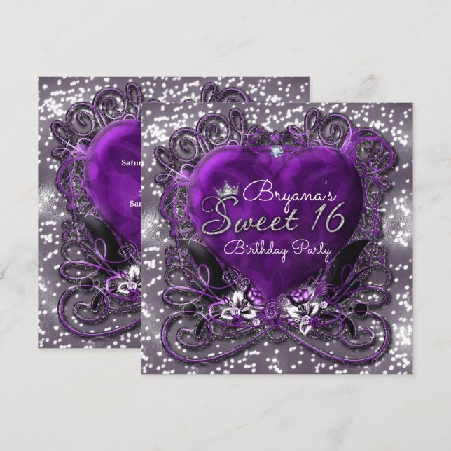 Invitaciones Purple & Silver Heart Sparkle Sweet 1 (Anverso / Reverso)