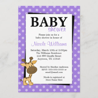 Invitaciones púrpuras de Baby Shower de la jirafa